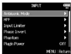ZOOM F8n - Avec , sélectionnez Ambisonic Mode (mode ambisonique), et pressez - 1