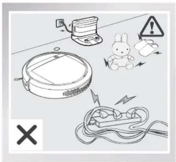 Safety warning illustration showing electrical circuitry, a robot, and warning symbols like a rabbit and a battery with warning signs.