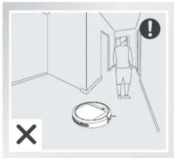 Diagram showing a person walking down an elevator with a robot, marked with an exclamation mark and a 'X' symbol.
