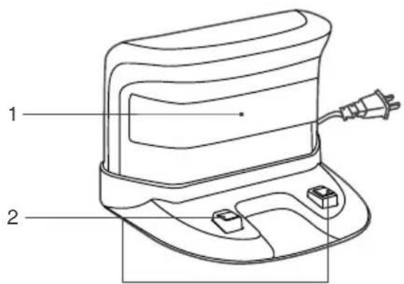 Technical diagram of a device with labeled parts, showing front and side views with a plug outlet.
