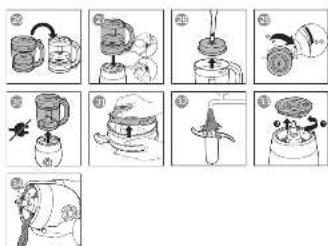 Illustrated guide showing a cooking step with labeled steps and illustrations of a steamer, condenser, and kitchen utensil.