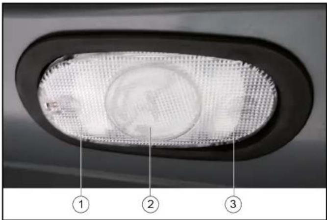 Diagram of a car rearview light fixture with numbered components labeled 1, 2, and 3.