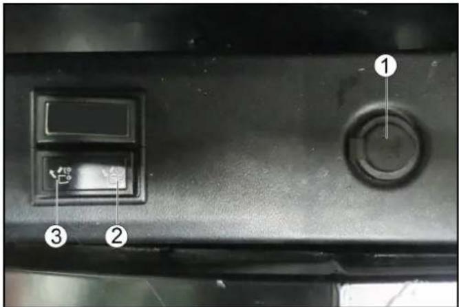 Close-up of a car air conditioner panel with labeled buttons and indicator lights