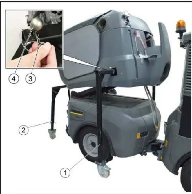 Technical diagram of a robotic car with numbered parts and an inset showing a hand operating the engine.