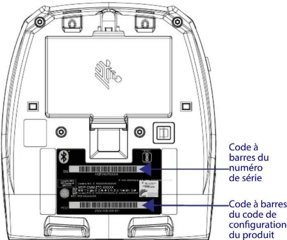 ZEBRA ZQ300 - Emplacements du numéro de série et du numéro PCC - 1