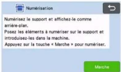 Numérisation Numérisez le support et affichez-le comme arrière-plan. Posez les éléments à numériser sur le support et introduisez-les dans la machine. Appuyez sur la touche « Marche » pour numériser. Marche