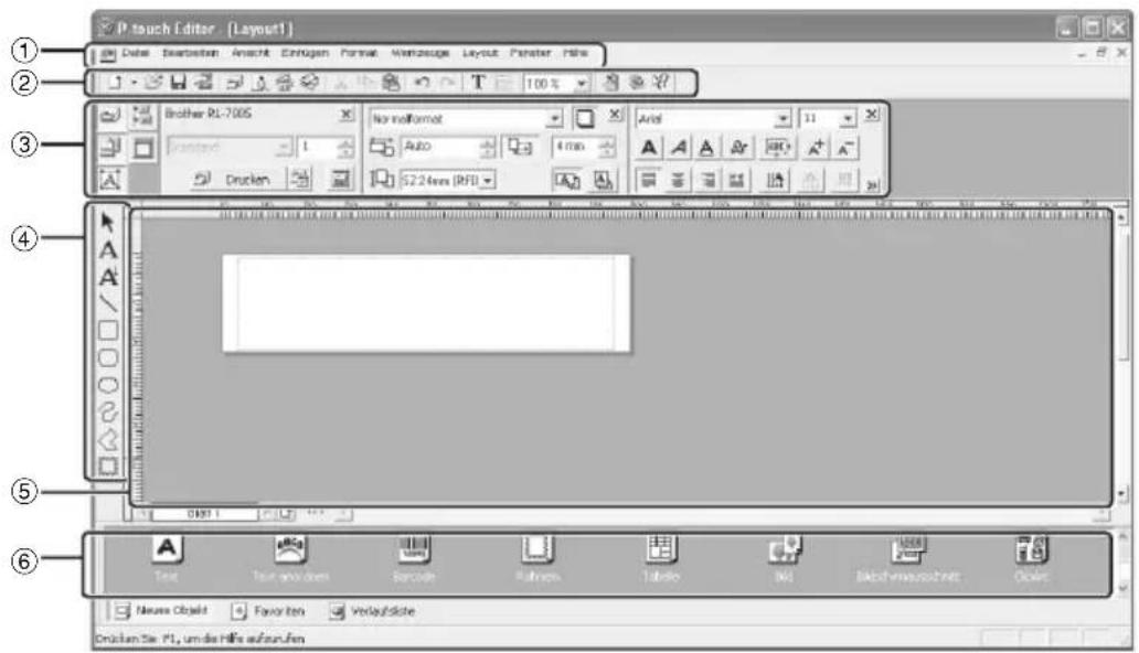 P touch Editor - [Layout1] Date Startframe Anschl Einfugen Format Wertzeuge Layout Parameter File ① ② ③ Brother PL-7005 Normal 1 Drucken No format Auto 4 mm 52.24mm (RFU) Arial 11 A A A A A A A A A A A A ④ ⑤ ⑥ Text Text editor Scripter Auto Tabao M1 Dachmauschnet Clerk Neuro Objekt Favor ten Verlaufliche Drücken Sie: PL, um die Hfe aufzuhen