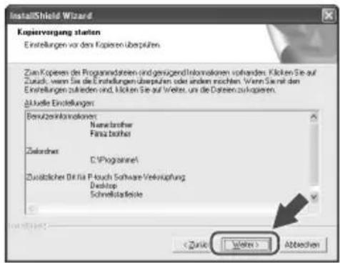 InstallShield Wizard Kapiervergang staten Einstellungen vor den Kopieren überpften Zum Kopieren der Programmdaten sind genzügend Informationen vorhanden. Klicken Sie auf Zusück, wenn Sie die Einstellungen überpften oder anderen möchten. Were Sie mit den Einstellungen zu kreden sind, können Sie auf Weiter, uns die Daten zu kopieren. Aktuelle Einstellungen Berufzeitinformationen: Name/another Fins/other Zielacher: C:\Programme1 Zusätzlicher Drit für P-touch Software Verkursprüfung Desktop Schweizstoffeile < Zurich > Weiter > Abbrevien