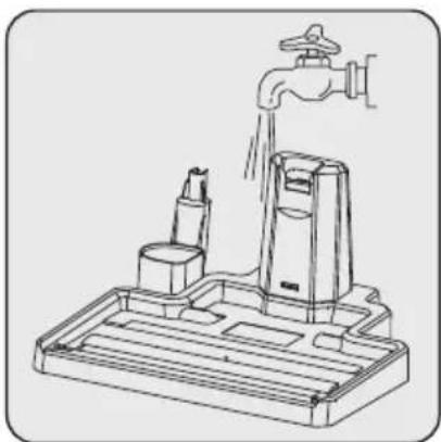 Line drawing of a water tap dispenser with faucet and base tray.