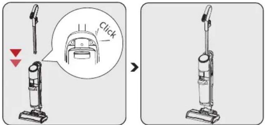 Diagram showing a vacuum cleaner being opened, with a magnified view highlighting the button labeled 'Click' and a red downward arrow indicating adjustment.