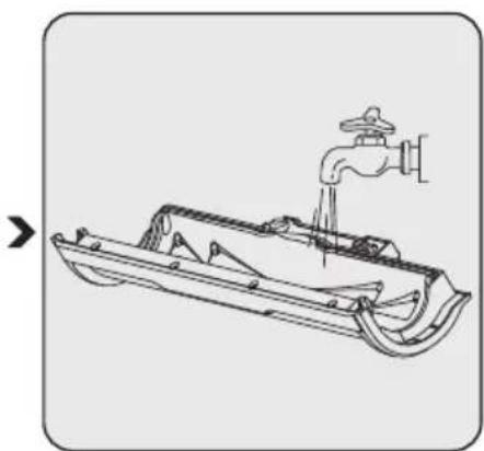 Line drawing of a faucet pouring liquid into a mechanical component.