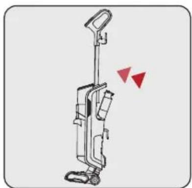 Diagram of a vacuum cleaner with red triangular warning symbols indicating safety or hazard (no text or labels present).