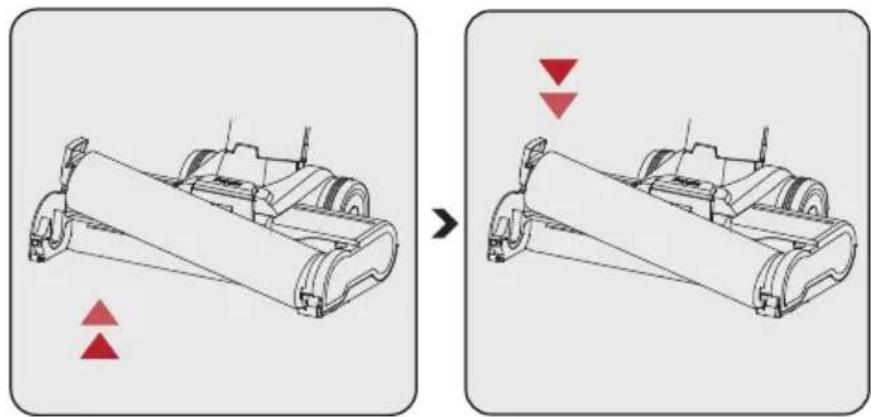 Diagram showing a mechanical device before and after assembly, with red arrows indicating motion direction (no text or symbols).