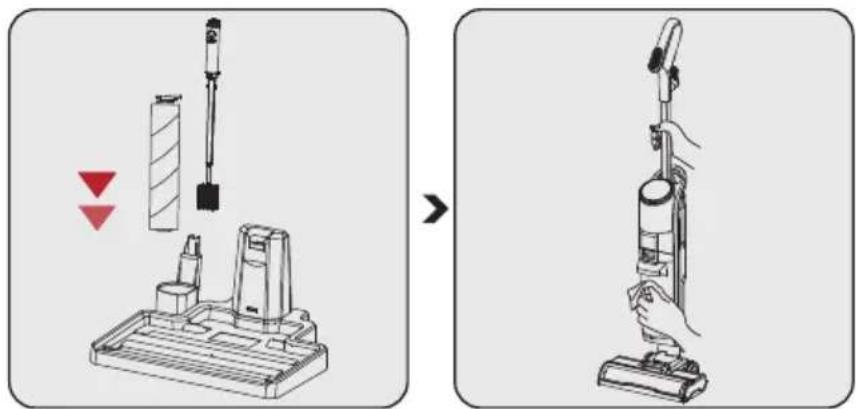 Diagram showing a vacuum cleaner being placed on a tray, with red warning labels and a hand holding the device.