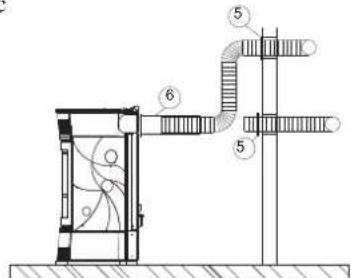EDILKAMIN SIRENA - N.B.: DE LEIDINGEN AANGESLOTEN OP DE OPENINGEN VOOR DE AFVOER VAN WARME LUCHT MOETEN AANGESLOTEN WORDEN ALVORENS U DE BEKLEDING MONTEERT. DEMONTEER VOOR DEZE HANDE- LING HET BOVENSTE GIETIJZEREN ZIJPANEL E. HET BEGIN VAN DE FLEXIBELE LEIDING MOET HELE- MAAL "UITGEREKT" WORDEN ZODAT DE INTERNE DOORSNEDE AANZIENLIJK GROTER WORDT. DIT VEREENVoudIGT DE AANSLUITING. - 2