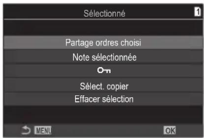OM SYSTEM OM1 Mark II - Sélection d'images multiples (Partage ordres choisi, Note sélectionnée, Oπ, Sélect. copier, Effacer sélection) - 1