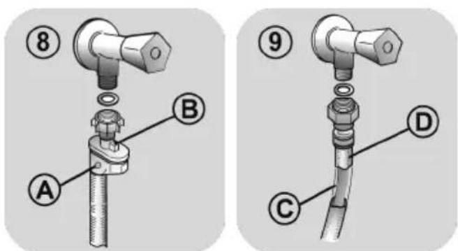 Technical diagram showing two configurations (8 and 9) of a pipe fitting with labeled parts A, B, C, D.