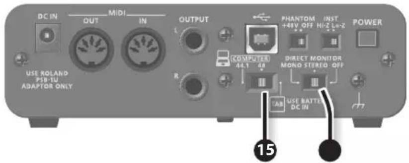 DC IN MIDI OUT IN OUTPUT PHANTOM +48V OFF INST Hi-Z L=Z POWER COMPUTER 44.1 48 DIRECT MONITOR MONO STEREO OFF TAB USE ROLAND PSB-1U ADAPTOR ONLY USE BATTER DC IN 15
