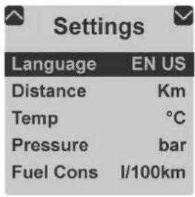 Settings Language EN US Distance Km Temp °C Pressure bar Fuel Cons 1/100km
