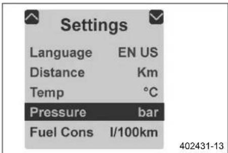 Settings Language EN US Distance Km Temp °C Pressure bar Fuel Cons 1/100km 402431-13