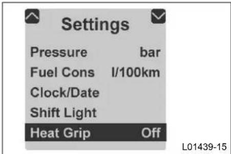 Settings Pressure bar Fuel Cons I/100km Clock/Date Shift Light Heat Grip Off L01439-15