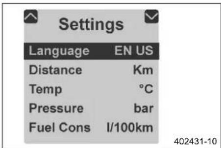 Settings Language EN US Distance Km Temp ℃ Pressure bar Fuel Cons 1/100km 402431-10