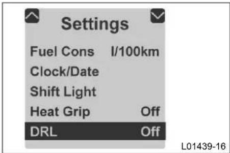 Settings Fuel Cons I/100km Clock/Date Shift Light Heat Grip Off DRL Off L01439-16