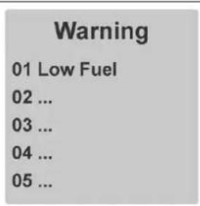 Warning 01 Low Fuel 02 ... 03 ... 04 ... 05 ...