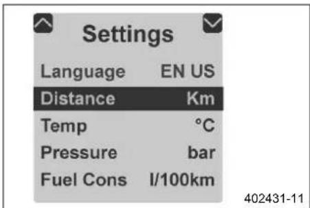 Settings Language EN US Distance Km Temp °C Pressure bar Fuel Cons I/100km 402431-11