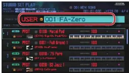 STUDIO SET PLAY 001:NEW SONG 001-01-00 #120.00 4/4 USER 001:FA-Zero 1 PRST 0108 - Metal Pod 100 (5YN) Synth Pod/Str 2 PRST 0001 - Full Brand 1 100 (PNO) Acellano 3 PRST 0010 - 75 Pure 100 (RP) K-Hemol 4 PRST 0050 - 93 Jazz 1 100 (RPG) GoOrgan