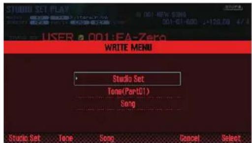 STUDIO SET PLAY 001-001-001 001-01-001 2+128.59 4/3 USER: 001:EA-Zero WRITE MENU Studio Set Tone(Part01) Song Studio Set Tone Songs Cancel Select