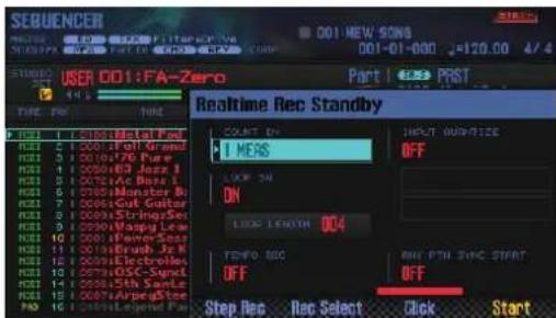 SEBUENCER USER 001-FA-Zero Part PRST Realtime Rec Standby START ON 1 MEAS OFF LOCK ON ON LOCK LENGTH 004 TEMP. SOC OFF OFF Step Rec Rec Select Click Start
