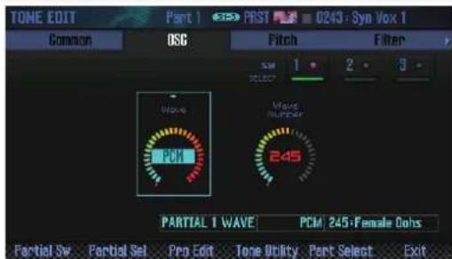 TONE EDIT Part 1 6150 PRST FL 0243 : Syn Vox 1 Common OSG Fitch Filter Move PM Move Number 245 PARTIAL 1 WAVE PCM 245•Female Doors Partial Sw Partial Sel Pro Edit Tone Utility Part Select Exit