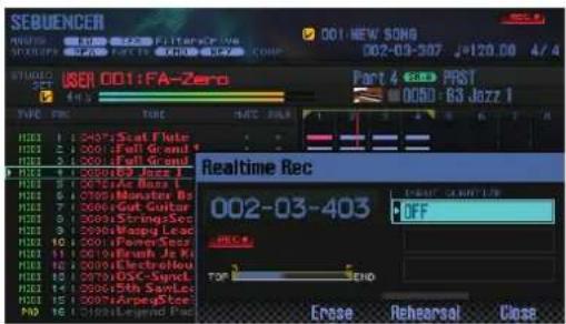 SEBUENCER 001 NEW SONG 002-03-307 J=120.00 4/4 USER 001:FA-Zero Part 4 PRST 0050:63 Jazz I Realtime Rec 002-03-403 OFF RECE TDP END Erase Rehearsat Close