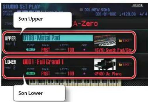STUDIO SET PLAY 001:NEW SONG 001-01-000 2=120.00 4/4 A-Zero Son Upper UPPER 0100 · Metal Pad TYPE BANK LEVEL PHP S/N Synth Pad/Str LOWER 0001 · Full Grand 1 PART 2 TYPE BANK LEVEL PHP PRST 100 (PND) Ac Piano Son Lower
