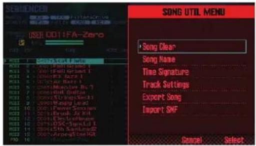 SONG UTIL MENU Song Clear Song Name Time Signature Track Settings Export Song Import SNF Cancel Select