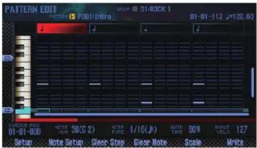 PATTERN EDIT 01-01-000 SET: 01-01-000 NOTE Setup Clear Step Clear Note Scale Write 01-01-000 01-01-112, J=120.00 CURDOR POS 01-01-000 NOTE AUR 36(C 2) NOTE TYPE 1/16(J) NOTE TYPE 50% INPUT VOLD 127