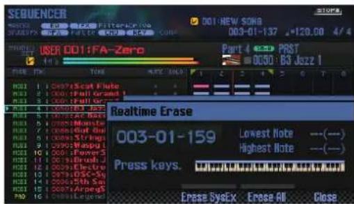 SEQUENCER 001:NEW SONG 003-01-137 2=120.00 4/4 USER OD1:FA-Zero Part 4 PRST 0050: B3 Jazz 1 Realtime Erase 003-01-159 Lowest Note ---(—) Highest Note ---(—) Press keys. Erase SysEx Erase All Close