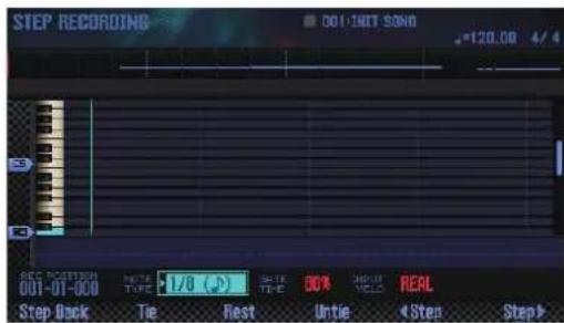 STEP RECORDING 001:00T SOND =120.00 4/4 001-01-000 TUE 1/8 (°) TIME TIME TIME OUT % HOURS REAL Step Back Tie Rest Untie Step Step