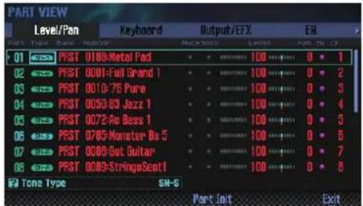 PART VIEW Level/Pan Keyboard Output/EFX EB 01 PAST 0189-Metal Pad 02 PAST 0001-Full Grand 1 03 PAST 0010-76 Pure 04 PAST 0050-63 Jazz 1 05 PAST 0072-Ac Bess 1 06 PAST 0785-Monaster Bs 5 07 PAST 0080-Out Guitar 08 PAST 0089-StringeSept1 Tone Type SN-S Part Init Exit