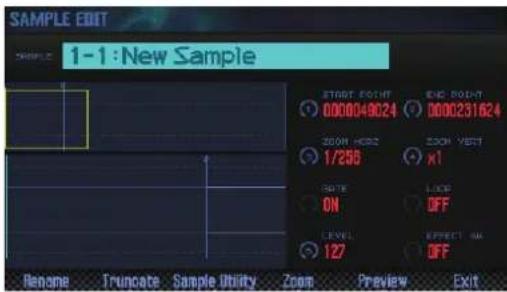 SAMPLE EDIT 1-1: New Sample START RIGHT 0000049024 0000231624 ZOOM HORIZ 1/256 ZOOM YEST X1 DATE ON LEVEL 127 LOCK OFF EFFECT ON OFF Rename Truncate Sample Utility Zoom Preview Exit