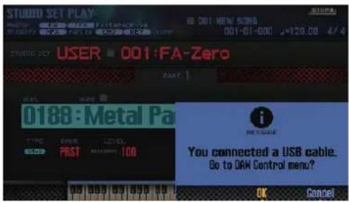 STUDIO SET PLAY 001:FEAL STORE 001-01-000 2=120.00 4/4 STUDIO SET USER 001:FA-Zero eear | user user 0188:Metal Pa PST 106 i No User You connected a USB cable. Do to QAW Control menu? OK Cancel