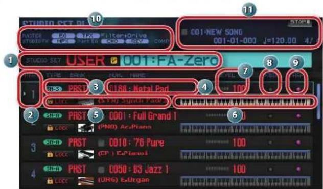 STUDIO SET 01 MASTER F: 1.2F Filter+Drive 001-NEW SONG 001-01-000 J=120.00 4/7 1 1 STUDIO SET USER 001-FA-Zero TYPE BANK NAME PRST C186: Metal Pad 100 2 PRST C001: Full Grand I (PSN) Ac.Piano 3 PRST C010: '76 Pure CP) E.Pianoi 4 PRST C050: 83 Jazz I (ORG) E.Organ STOP 7 8 9 10 6 11 12 13 14 15 16 17 18 19 20 21 22 23 24 25 26 27 28 29 30 31 32 33 34 35 36 37 38 39 40