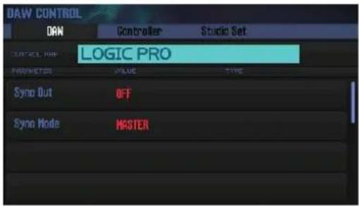 DAW CONTROL DAI Controller Studio Set CANCEL REP LOGIC PRO PARAMETER VALUE TIME Syno Out OFF Syno Mode MASTER