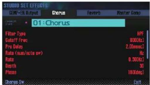 STUDIO SET EFFECTS GMP-EB Output Chorus Reverse Naster Comp 01: Chorus Filter Type HPF Cutoff Freq 800(Hz) Pre Delay 2.0[msec] Rate (num/ncle sw) Hz Rate 0.50(Hz) Depth 30 Phase 160(deg) Chorus Sw Exit