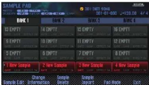 SAMPLE PAD BANK 1 13 EMPTY 9 EMPTY 5 EMPTY • 1 New Sample Change Sample Sample Edit Information Delete Sample END CASH RED DOI INIT SONG 001-01-000 J=120.00 4/4 BANK 2 BANK 3 BANK 4 14 EMPTY 10 EMPTY 6 EMPTY 2 NEW SAMPLE NAME: NAME EFFECTS 15 EMPTY 11 EMPTY 7 EMPTY 3 NEW SAMPLE NAME: NAME EFFECTS 16 EMPTY 12 EMPTY 8 EMPTY 4 NEW SAMPLE NAME: NAME EFFECTS Sample Edit Print Info Sample Edit Print Info Sample Edit Print Info Import Pad Mode Exit