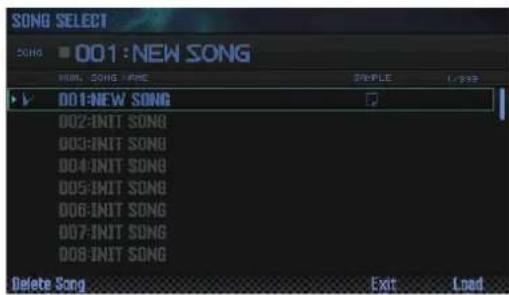 SONG SELECT SONG ■ 001:NEW SONG MAIN SONG NAME SAMPLE L/SHP 001:NEW SONG 002:INIT SONG 003:INIT SONG 004:INIT SONG 005:INIT SONG 006:INIT SONG 007:INIT SONG 008:INIT SONG Delete Song ExitLoad