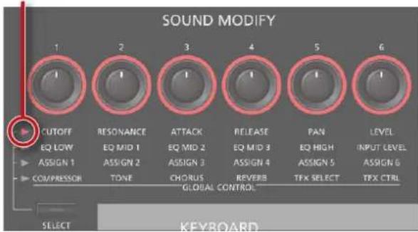 SOUND MODIFY 1 2 3 4 5 6 CUTOFF RESONANCE ATTACK RELEASE PAN LEVEL EQ LOW EQ MID 1 EQ MID 2 EQ MID 3 EQ HIGH INPUT LEVEL ASSIGN 1 ASSIGN 2 ASSIGN 3 ASSIGN 4 ASSIGN 5 ASSIGN 6 COMPRESSOR TONE CHORUS REVERB TFX SELECT TFX CTRL GLOBAL CONTROL SELECT KEYBOARD