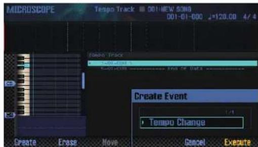 MICROSCOPE Tempo Track 001-NEW SONG 001-01-000 2=120.00 4/4 Tempo Track -001-001 End Of Data Create Event Tempo Change Create Erase Move Cancel Execute