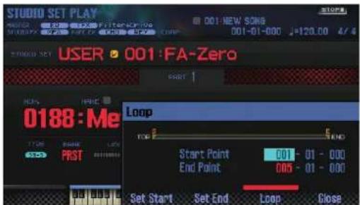 STUDIO SET PLAY 001:NEW SONG 001-01-000 J=120.00 4/4 STUDIO SET USER 001:FA-Zero Start ↑ 0188:Me Loop TOP END Start Point 001 - 01 - 000 End Point 005 - 01 - 000 Set Start Set End Loop Close
